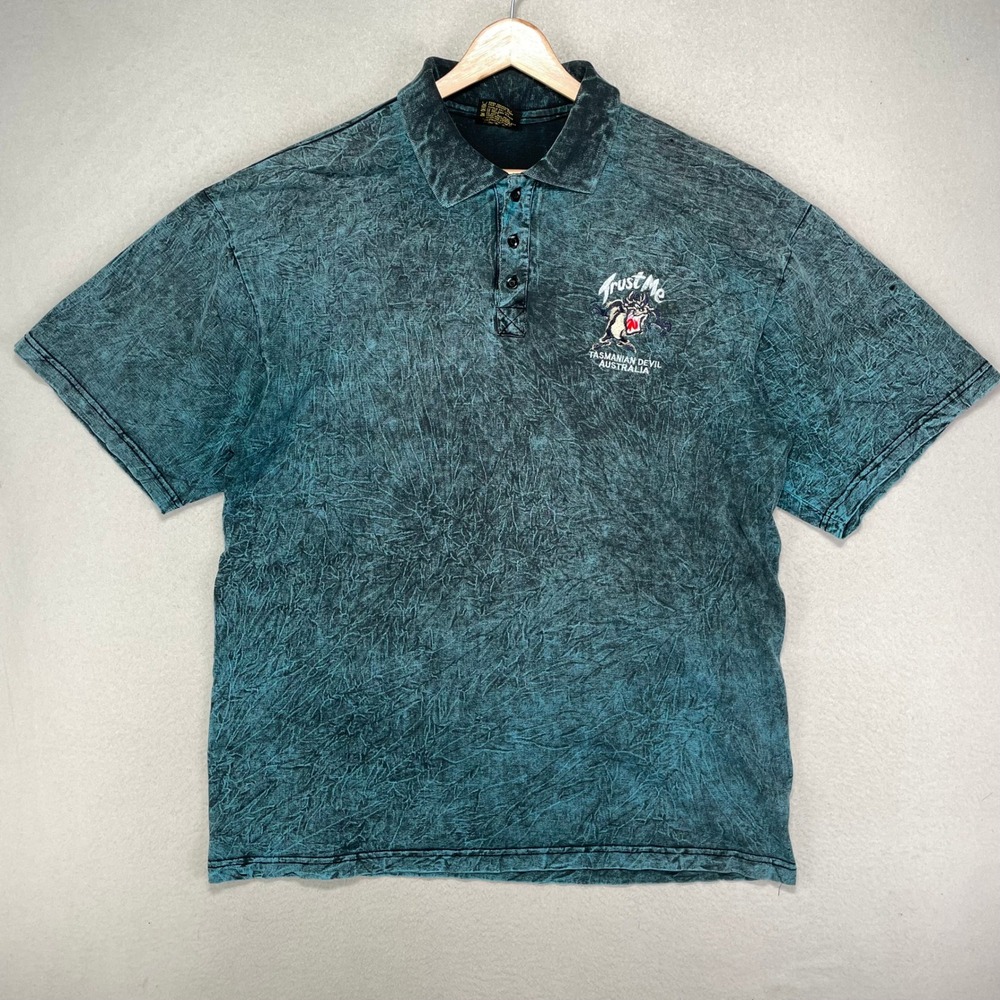 VTG Planet Earth Polo Shirt XL Acid Wash Tasmanian Devil Embroidered TAZ‎ 90s